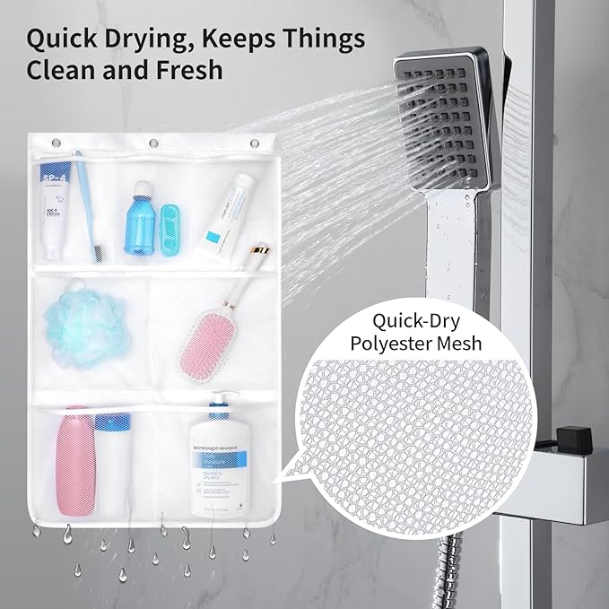 F-color Cruise Essentials 2026-7 Pockets Mesh Shower Organizer Hanging Bundle with Retractable Clothesline, Quick-Dry, Portable Toiletry Bag Travel Laundry Drying Kit for RV Hotel Camping, White