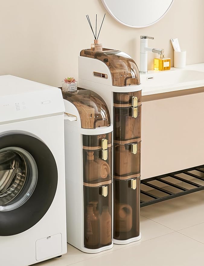 UFORU 4-Tier Slim Bathroom Storage Cabinet – 7.1" Narrow Tall Storage Cabinet, Movable Floor Waterproof Organizer Cabinets with Wheels, Drawers & Tissue Box for Small Spaces