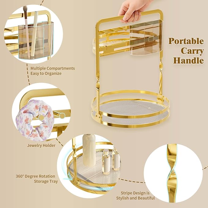 360 Rotating Makeup Organizer for Vanity, 2-Tier Gold Perfume Organizer, Lazy Susan for Bathroom Counter Organizer, Spinning Skincare Dresser Storage with Makeup Brush Holder & Jewelry Hooks