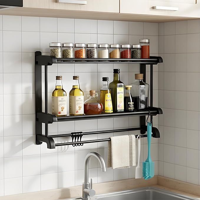 Stainless Steel Shower Organizer with Towel Bar - Rustproof Bathroom Shelf with Ventilated Design, Wall Mounted 2-Tier Storage Rack for Bath Products & Hanging Towels (Black)