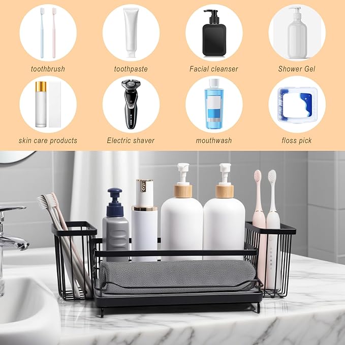 Toothbrush Holders with Instant Drying Stone & 2 Brush Holders, Rustproof Carbon Steel Tooth Brush Holder Sink Caddy, Space Saving Bathroom Countertop Organizer for Storage and Organization-Black