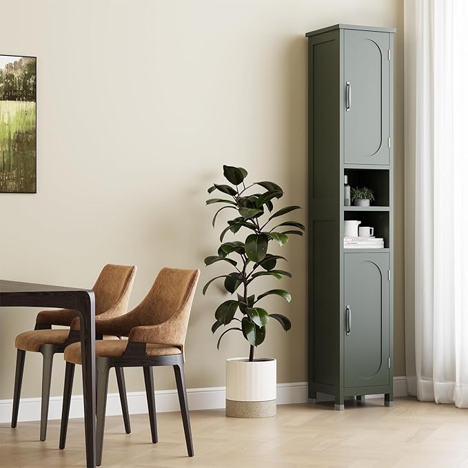 Hawkrown 67" Tall Bathroom Storage Cabinet with Lights, Slim Narrow Bathroom Cabinet Organizer with Doors and Adjustable Shelves, Tall Cabinet for Small Space (66.9" Tall-Green with Light)