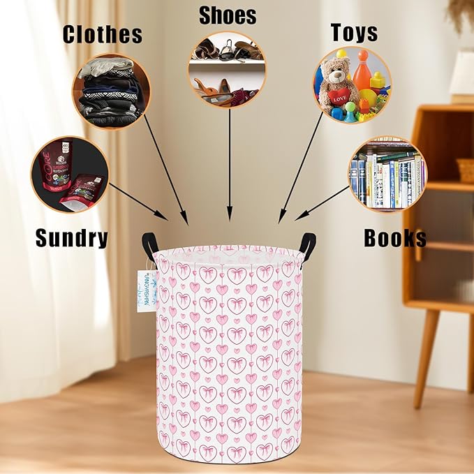 Laundry Basket Canvas Fabric Collapsible Organizer Basket for Storage Bin Toy Bins Gift Baskets Bedroom Clothes Children Nursery Hamper (Pearl Heart)