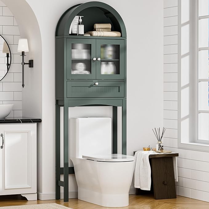 Spurgehom Over The Toilet Storage Cabinet, Bathroom Shelf Organizer Freestanding, Bathroom Arch Cabinet Over Toilet with Glass Door and Anti-Tipping Device, Green