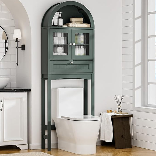 Spurgehom Over The Toilet Storage Cabinet, Bathroom Shelf Organizer Freestanding, Bathroom Arch Cabinet Over Toilet with Glass Door and Anti-Tipping Device, Green