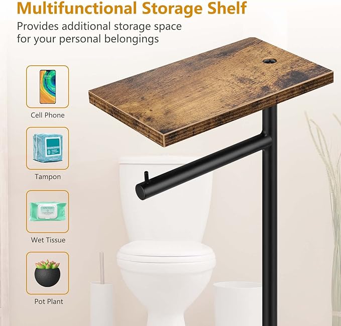 Rustic Brown Farmhouse Toilet Paper Dispenser - FreeStanding Tissue Roll Holder with Shelf for Bathroom Toilet Paper Storage