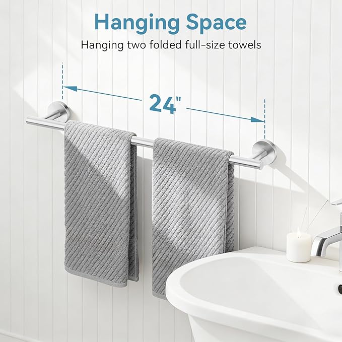 Brushed Nickel Towel Bar, 24 Inch Towel Rack for Bathroom Wall-Mounted, SUS304 Stainless Steel, Total Length 26 Inch