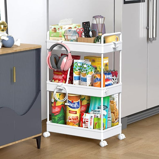 SOLEJAZZ 3 Tier Rolling Storage Cart with Wheels Slim Craft Nail Makeup Snack Art Baby Utility Cart Organizer on 2 Lockable Wheels for Bathroom Laundry Room Kitchen Bedside Narrow Spaces, White