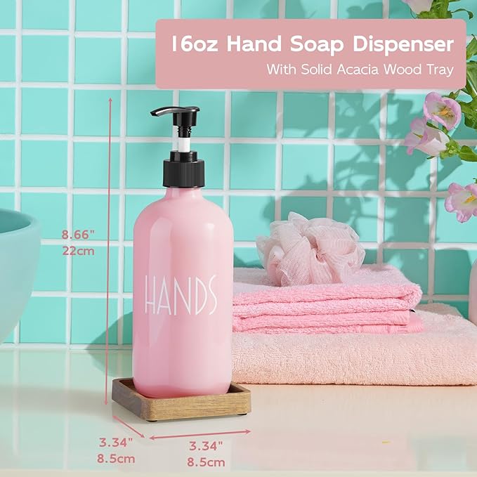 Pink Glass Hand Soap Dispenser with Acacia Wood Tray, 16 oz Refillable Hand Soap Pump Bottle, Decorative Countertop Soap Dispenser Set for Kitchen, Bathroom, Restaurant