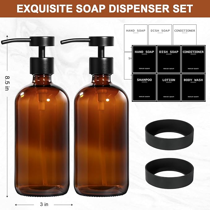 RYTOXILO Hand Soap Dispenser for Bathroom 2 Pack, Amber Glass Soap Dispenser with Stainless Steel Pump, 16.9 Fl oz Hand and Dish Soap Dispensers Set Kitchen, Modern Brown Soap Lotion Dispensers Bottle