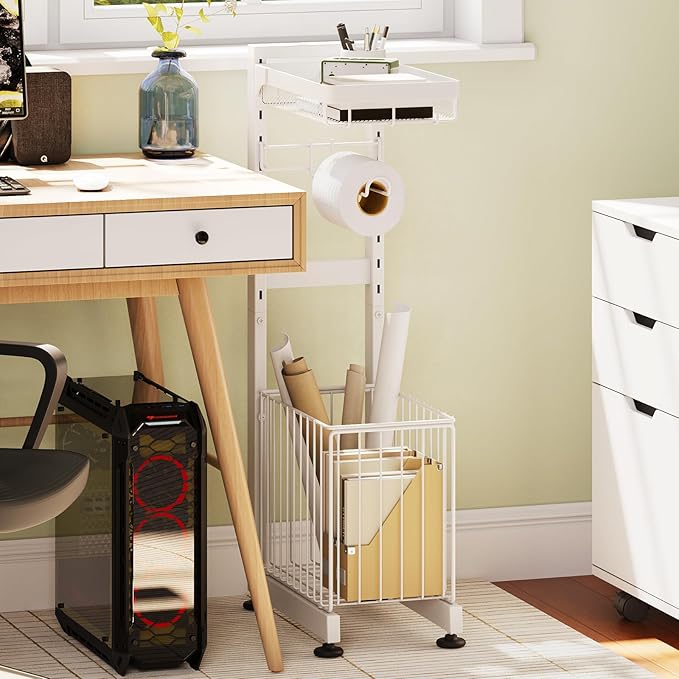 Toilet Paper Holder Stand with Storage Shelf - Multi Tier Metal Toilet Paper Stand with Large Basket for Tissue Rolls, Wipes (White)