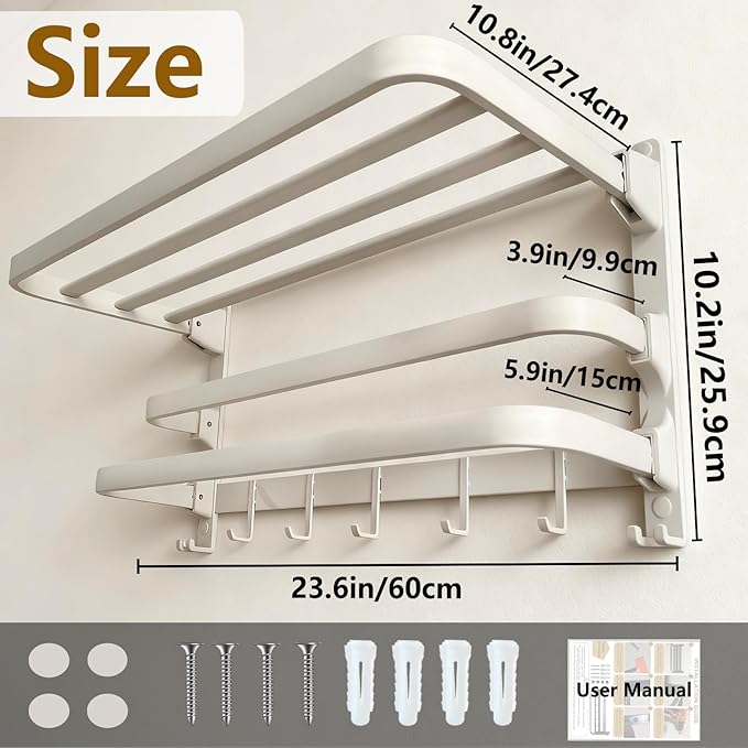 24in Towel Racks Shelf for Bathroom, Foldable Wall Mounted Towel Storage with 2 Towel Bar 9 Hook, Modern Rustproof Towel Holder with Shelves, Towel Hanger for Hotel Restroom RV Gym,Milky White