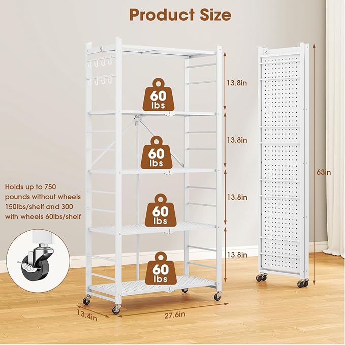5-Tier Folding Metal Storage Shelf with Wheels & Hooks, Heavy Duty Utility Rack, No-Assembly Collapsible Organizer for Kitchen, Garage, Office, Living Room – 750 lbs Capacity, Black (White, 5-Tier)