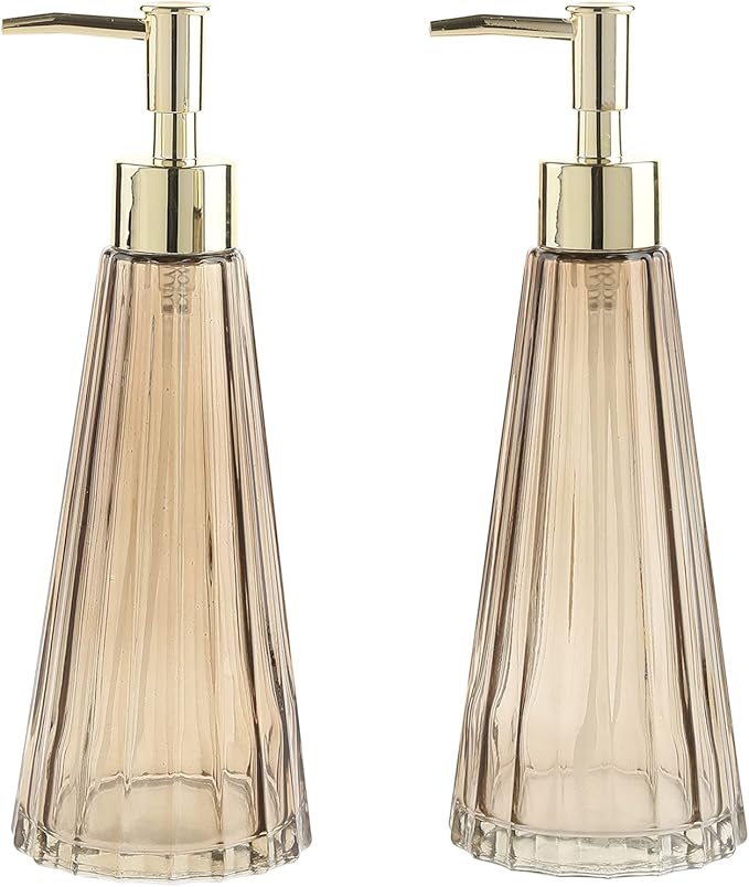 MyGift 2 Pcs Vintage Soap and Lotion Dispenser Set, Smoked Glass and Brass Liquid Pump Dispenser with Vertical Ribbed Design