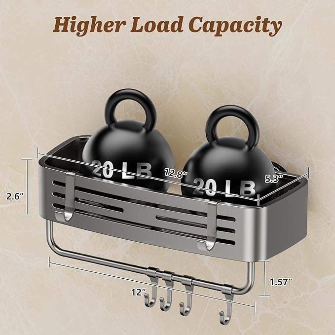 Shower Caddy Suction Cup, 2 Pack No Drilling Square Shower Shelves Aluminum Alloy Removable Bathroom Suction Showers Organizer Storage Rack with Towel Bar & Hooks(Gray)