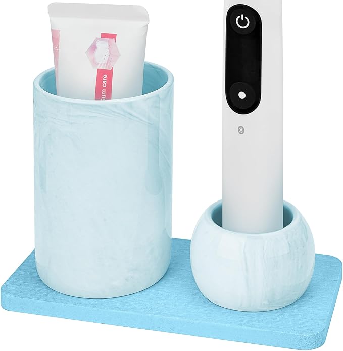 Ceramic Toothbrush Holder & Toothbrush Cup with Diatomite Tray for Bathroom, Bathroom Tumbler Cups Reusable Toothbrush Mouthwash Cup, Shower Counter Storage Organizer (Blue)