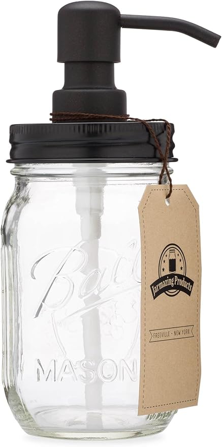 Jarmazing Products Mason Jar Soap Dispenser - Black - 16 oz Ball Mason Jar Liquid Dispenser for Kitchen & Bathroom - Glass - Dish Soap Dispenser with Rust Proof Stainless Steel Pump & Lid
