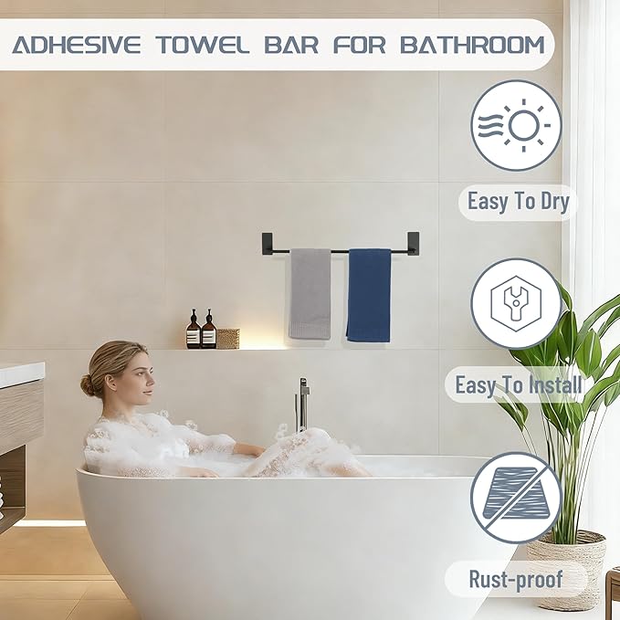 Alise Adhesive Towel Bar, 24 Inch Towel Racks for Bathroom SUS 304 Stainless Steel,Bathroom Towel Holder No Drill, Strong Self Adhesive Towel Bar, Matte Black