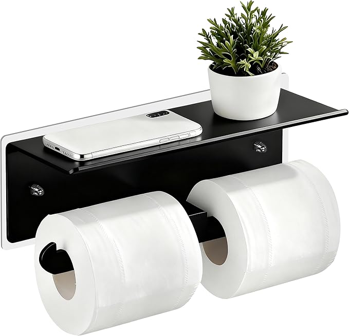 Toilet Paper Holder with Shelf, Adhesive Double Tissue Roll Holder Wall Mounted for Bathroom, Black