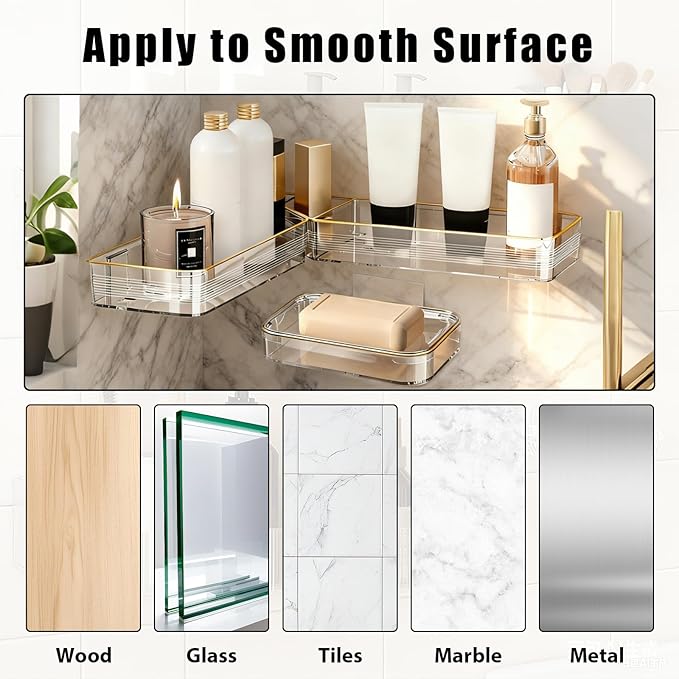 Corner Acrylic Shower Caddy, 2 Pack Shower Shelf Adhesive with 1 Pack Soap Dish, No Drilling Bathroom Organizer, Wall Shelves for Bathroom