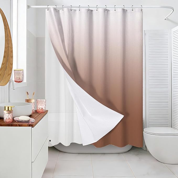 Brown Glass Bathroom Accessories Set with Shower Curtain and Liner, 7-Piece Bathroom Decor Set, Soap Dispenser, Toothbrush Holder, Soap Dish, Vanity Tray, Complete Bathroom Makeover Set
