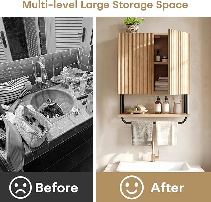 FerniTry Modern Fluted Bathroom Wall Cabinet,3-Tier Curved Profile Wooden Medicine Cabinet with 2 Doors,Over the Toilet Storage Cabinet Wall Mounted with Adjustable Shelf and Towel Bar(Oak, Small)
