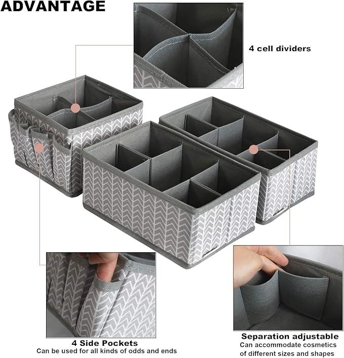 Cosmetic Storage Bins Makeup Organizer, Adjustable Multifunction Storage Box Desk Drawer Divider for Makeup Brushes, Bathroom Countertop or Dresser, Set of 3 (Grey)