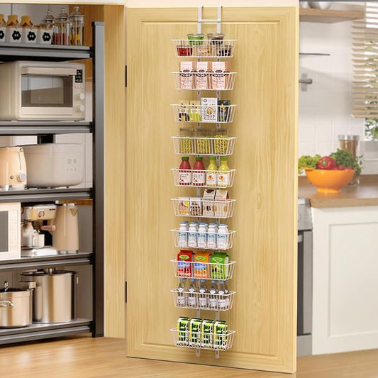 10 Tier Over the Door Pantry Organizer, Over the Door Spice Rack with Adjustable Baskets, Metal Hanging Door Pantry Organizers and Storage for Kitchen Bathroom Bedroom, White