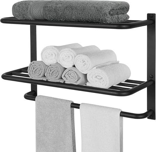Towel Rack for Bathroom, DEWVIE 23 Inch Tower Holder with Tower Bars, SUS 304 Stainless Steel Lavatory Bath Towel Shelf Towel Hanger Wall Mount, 3-Tier (Matte Black)