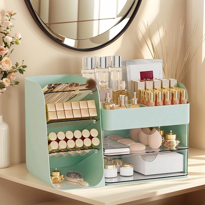 Makeup Organizer with 2 M Drawers & Brush Holders - Cosmetic Storage Case for Vanity, Bathroom Countertop & Desk - Skincare & Office Supplies Organizer (Green, M)