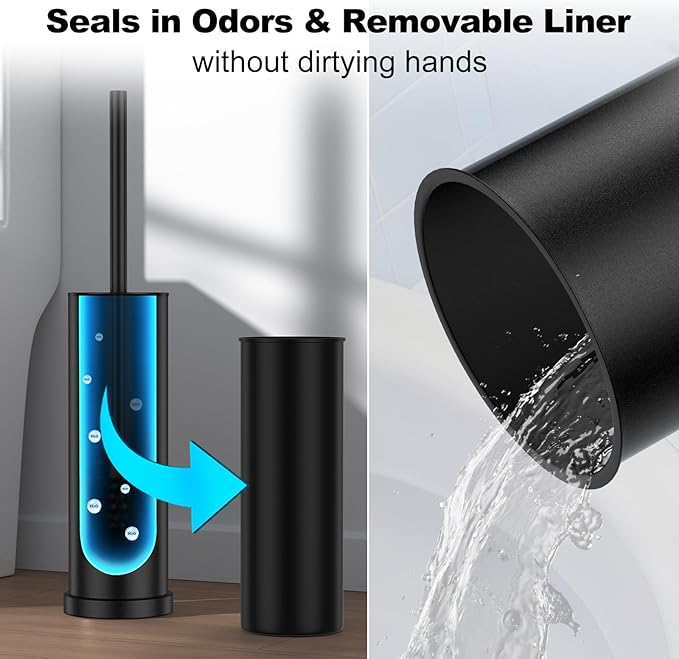 Black Toilet Brush and Holder Set，2 Pack Stainless Steel Heavy Duty Toilet Bowl Brush，Extra Long Handled Modern Toilet Cleaner Brush with Replaceable Head, Removable Inner Bowl, and Splash Protection