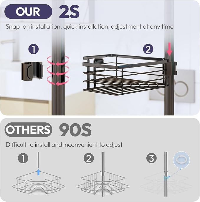 SWTYMIKI Shower Caddy Tension Pole - 4-Tier Corner Shower Organizer Tension Rod with Soap Holder, Toothbrush Holder & 4 Hooks, Adjustable Stainless Steel Bathroom Organizer 27.6 to 108.3 inch, Black
