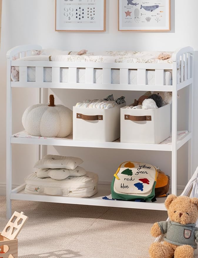 StorageWorks Narrow Storage Bins, Small Basket for Closet and Shelves, Rectangular Fabric Organizer with Handles, Toilet Paper Storage, Beige, 2-Pack