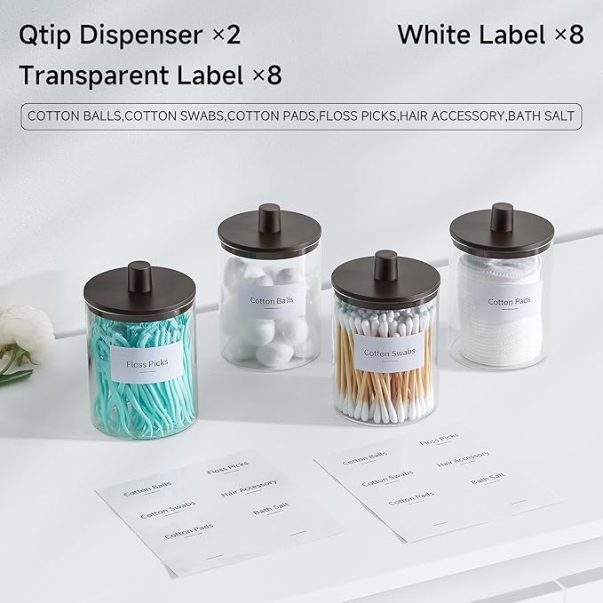 TIPGO Glass Qtip Holder Dispenser for Bathroom - 10 oz Clear Canister Apothecary Jar for Cotton Swabs, Balls, Pads, Floss Picks, Small Containers for Makeup Storage Organizer (2 Pack, Brown)