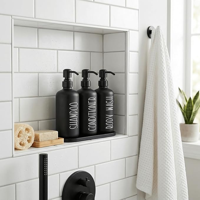 MOMEEMO Reusable Shampoo and Conditioner Bottles with Tray, Shampoo Bottles Refillable with Pump, Pump Bottles for Shampoo and Conditioner, Shower Dispenser Bottles (Black)