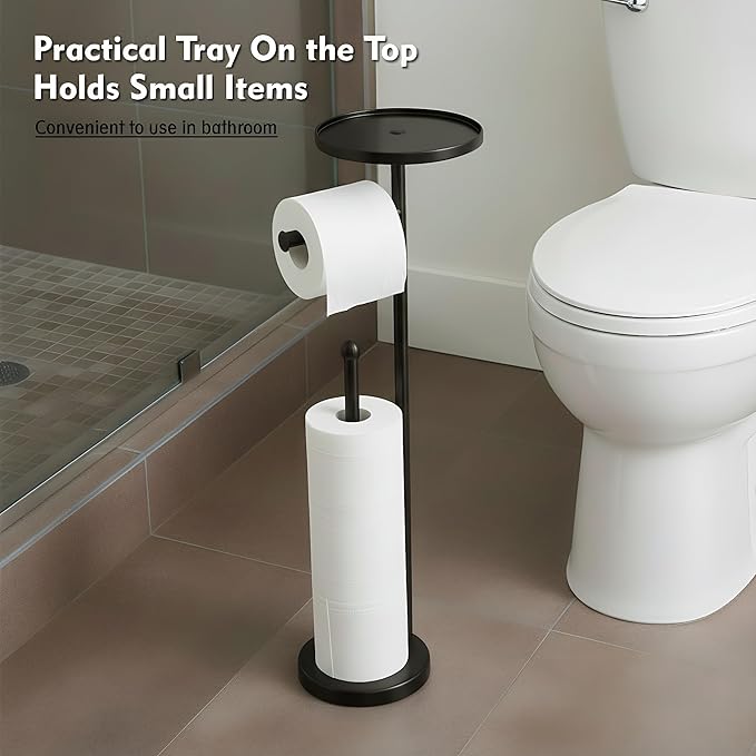 Toilet Paper Holder with Shelf, Tissue Roll Holder Stand with Storage Space for Holding Extra 4 Toilet Paper Rolls, Stainless Steel Rustproof Freestanding (Black Matte)