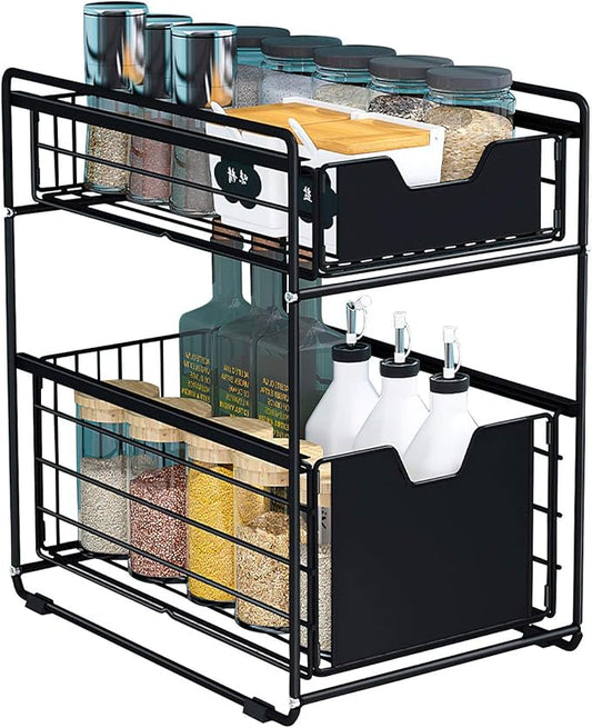 2 Tier Sliding Cabinet Basket Drawer Sliding Basket Under Sink Cabinet Storage Shelf for Kitchen Countertop Pantry Bathroom Office Desktop - Black