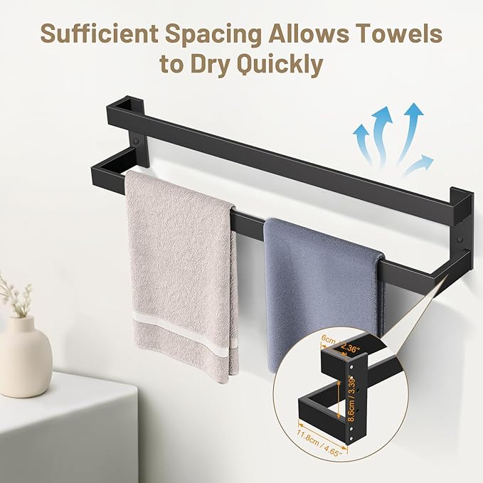 Double Towel Bar,Towel Holder for Bathroom Stainless Steel Towel Rack Wall-Mounted Bathroom Towel Bar 24-Inch Bathroom Hardware Accessories,Matte Black