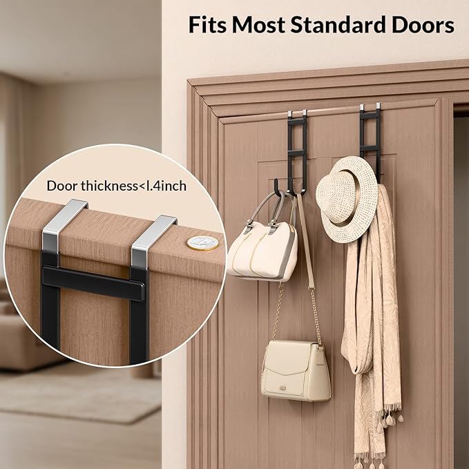 Heavy Duty Door Hooks for Hanging Clothes & Towels, 2 Pack Dual Over Door Hanger with Anti-Scratch Rubber, Rustproof Metal Back of Door Rack, Fits Interior Doors Up to 1 3/8"