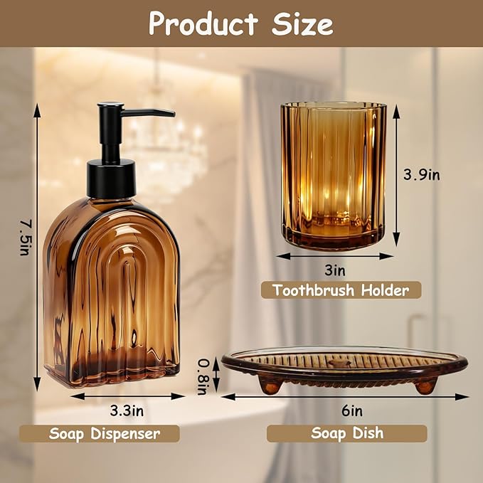 Glass Bathroom Accessories Set,13.5oz 4 Pcs Liquid Arch Design Hand Soap Dispenser Set with Stripe Toothbrush Holder, Mouthwash Cup, Soap Dish for Bathroom(Amber)