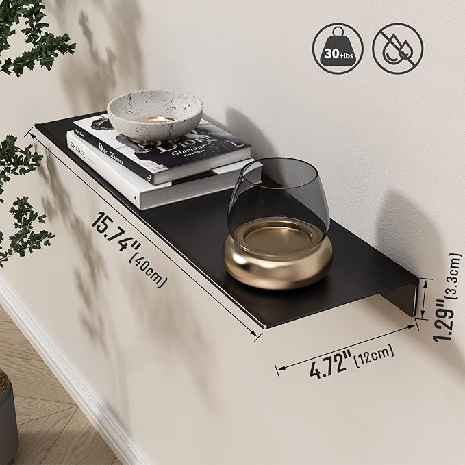 Danpoo 16 inch Metal Floating Shelves for Wall Organizer & Storage, Display Shelves for Bathroom, Living Room, Kitchen, Bedroom(Matte Black, 2-Pack)