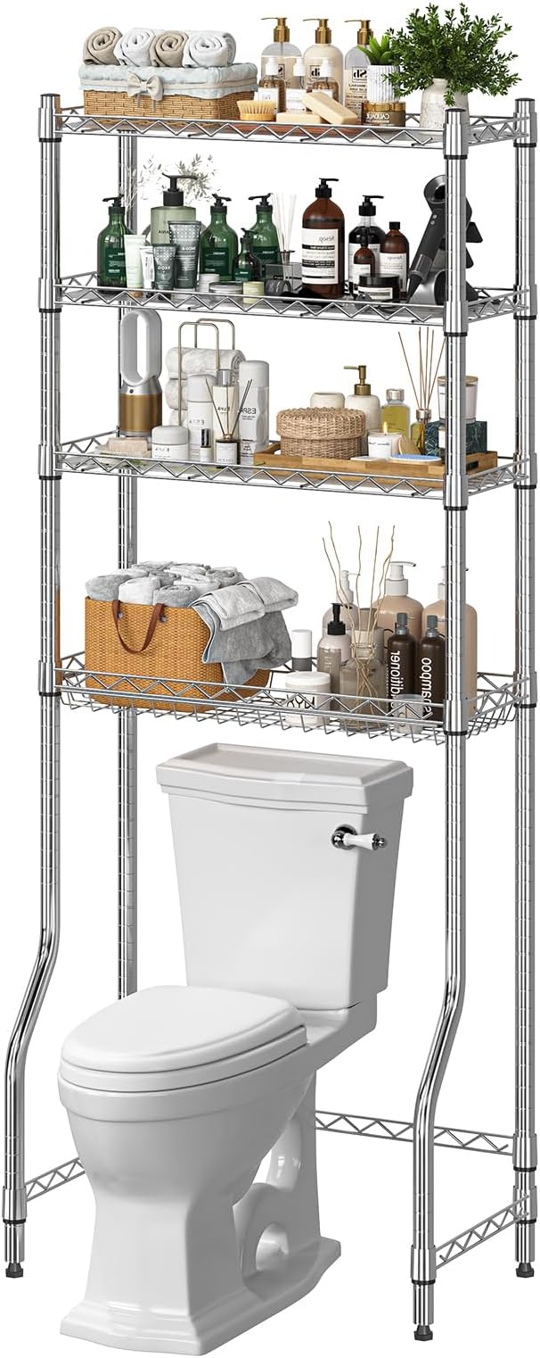 Ekisemio 4-Tier Over The Toilet Storage, Metal Bathroom Shelf with Adjustable Shelves & Basket, Space-Saving Above Toilet Organizer, Chrome