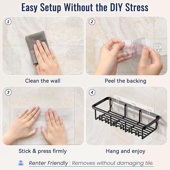 8 Pack Adhesive Rustproof Shower Shelves with Soap Dishes, Toothbrush Holder & Hooks, Large Capacity No-Drilling Shower Shelves Rack for Bathroom Organizers and Storage Accessories, Black