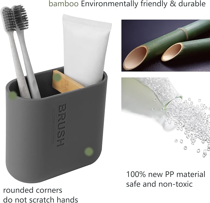 Toothbrush Holders Bamboo Electric Toothbrush Holder Bathroom Storage Organizer Countertop for Toothpaste, Floss, Razor, Grey