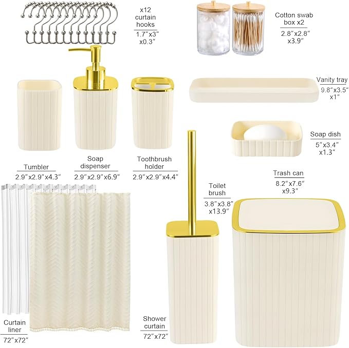 Bathroom Accessories Set-23Pcs Set, Complete Bathroom Decor, Bathroom Set with Shower Curtain & Liner Sets, Trash Can, Soap Dispenser,Modern Bath Essentials (Beige, Bath Set+Shower Curtain Set)