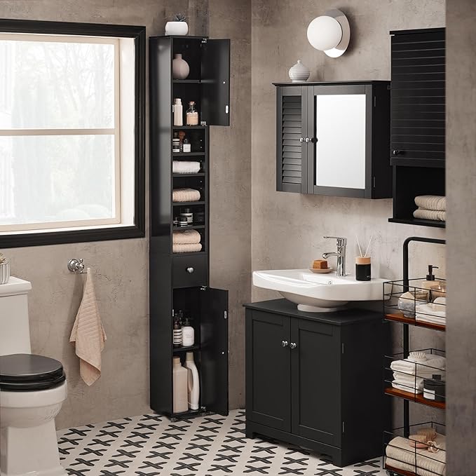 Haotian Narrow Bathroom Storage Cabinet, Tall Slim Bathroom Organizers and Storage for Small Spaces, Freestanding Skinny Cabinet with Doors and Shelves for Tight Corners Black BZR34-SCH