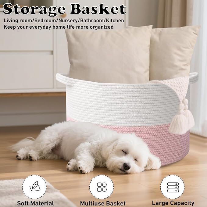 115L Extra Large Pink Woven Cotton Rope Basket with Handles, Kids Nursery Laundry Hamper for Toys, Blankets, Pillows & Comforters, Cute Storage Bin for Bedroom & Playroom