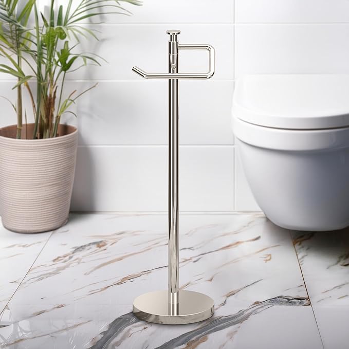 Gatco 1435PN Freestanding Toilet Paper Holder, 23.68” H, Polished Nickel | Toilet Tissue Roll Holder Stand with Weighted and Padded Base for Bathroom
