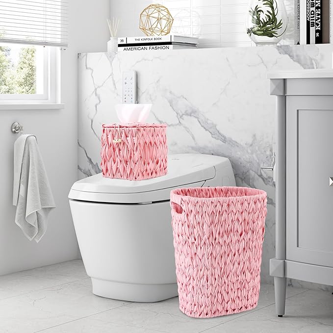 Bathroom Accessories Set, 25PCS Wicker Bathroom Accessory Set with Shower Curtain, Bath Mat, Soap Dispenser, Handwoven Trash Can & Ratten Tissue Box (Pink, Bath Set+Shower Curtain+Rugs)