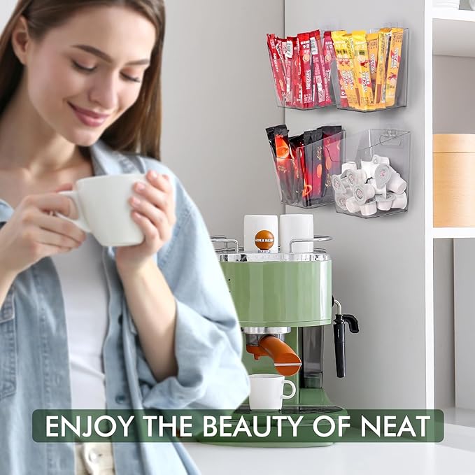 Clear Adhesive Wall Storage Bins, 4 Pack Cabinet Door Organizer Holders, Hanging Wall Mount Pockets, Plastic Cups for Shower Bathroom Makeup Office Craft Remote Kitchen Sink RV Organization (Large)